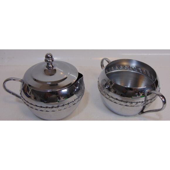 Vintage Irvinware Stainless Metal Silver Sugar & Cream Bowls Handles Lid Set USA - Picture 5 of 8